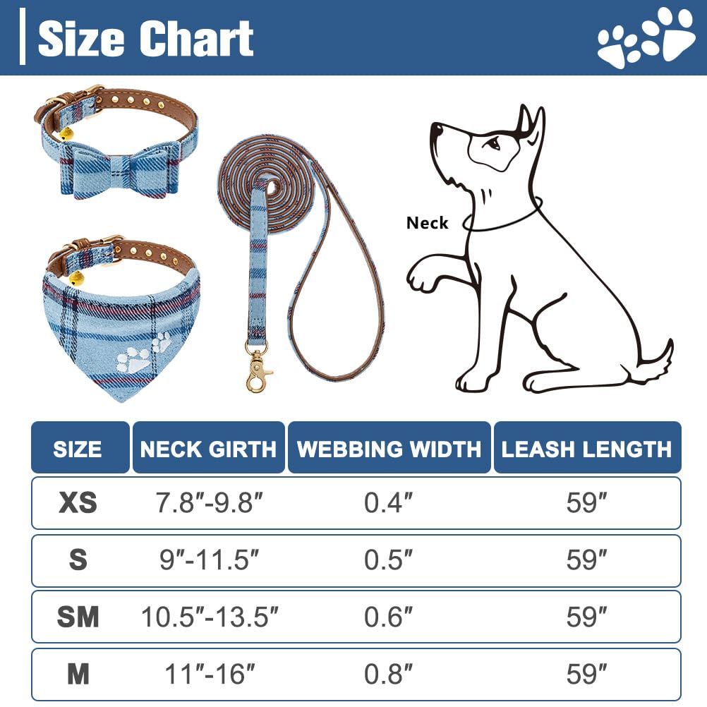 Expawlorer Puppy Collar And Leash Set - Embroidery Pawprints Plaid Dog Collar And Dog Leash Set, Bow Tie And Bandana Dog Collar With Bell, Cute Collar And Leash For Dogs Cats Outdoor Walking, Blue Xs
