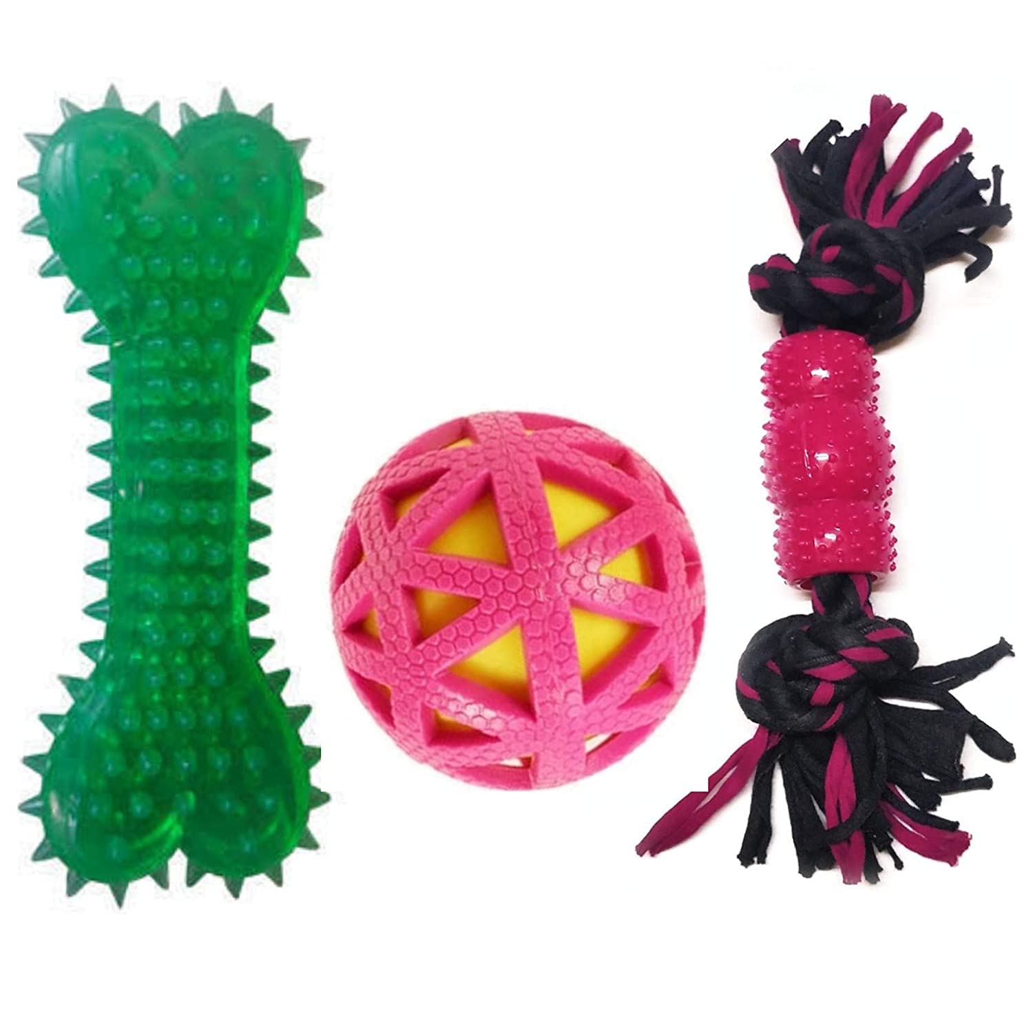 Rvpaws Puppy Squeaky Ball Spike Bone Toy Two Knot Teething Rope Toy Dog Toys Chew Toys Puppy Toys (Multicolor  Pack Of 3)
