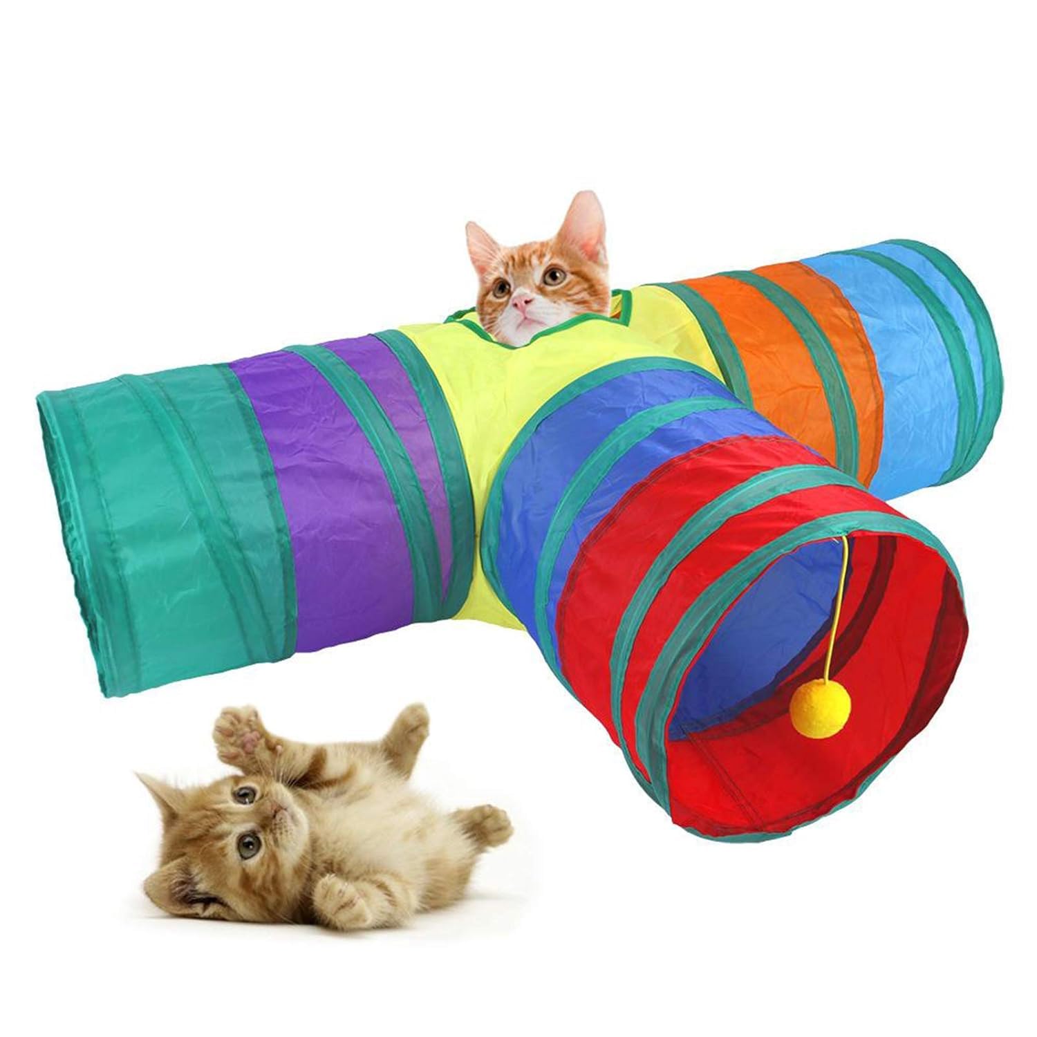 Pawbabas 3Way Pet Tunnels And Activity Toys For Cats And Small Animals, Collapsible Rainbow Tunnel With Hanging Ball For Guinea