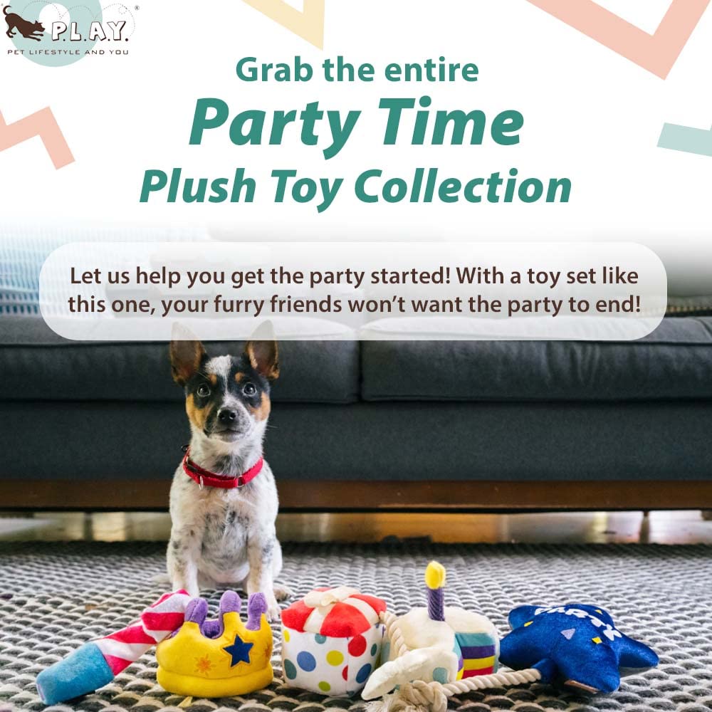 P.L.A.Y. Cute Plush Dog Toys - Birthday Party Celebration Themed Durable Squeaker Chew Toys, For Puppies & Small, Medium, Large