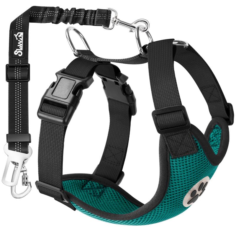 Slowton Dog Seat Belt Harness For Car, Dog Car Harness Adjustable Mesh Breathable & Dog Seatbelt Safety Tether With Elastic Bungee For Small Medium Large Pets(Green, Double Clip, M)