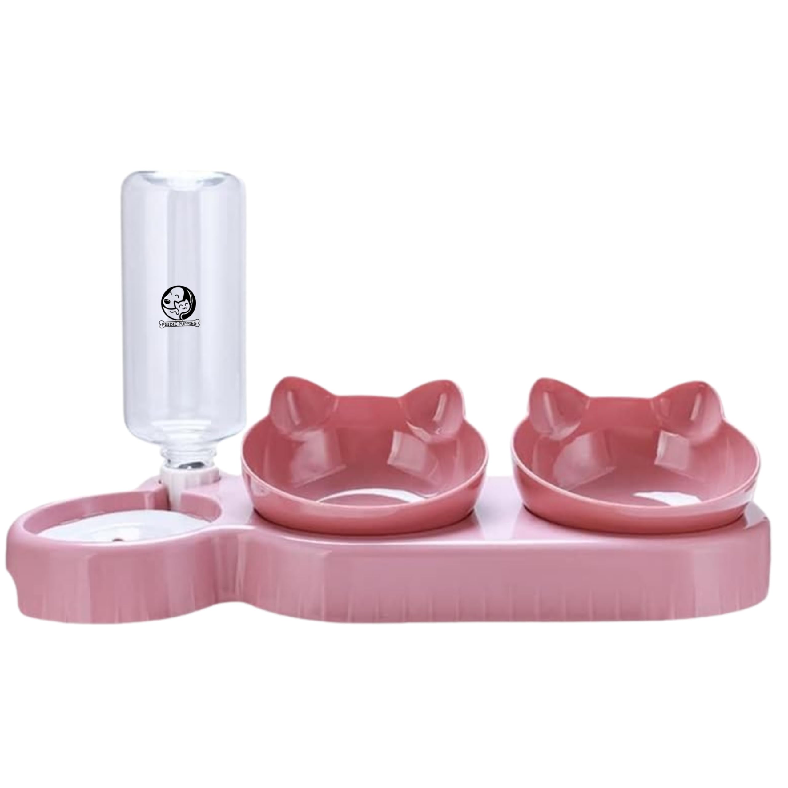 Foodie Puppies 3-In-1 Cat Tri-Meal Feeder Set - (Pink) | 15 Tilted Double Bowl With Automatic Water Dispenser Bottle | Pet Detac