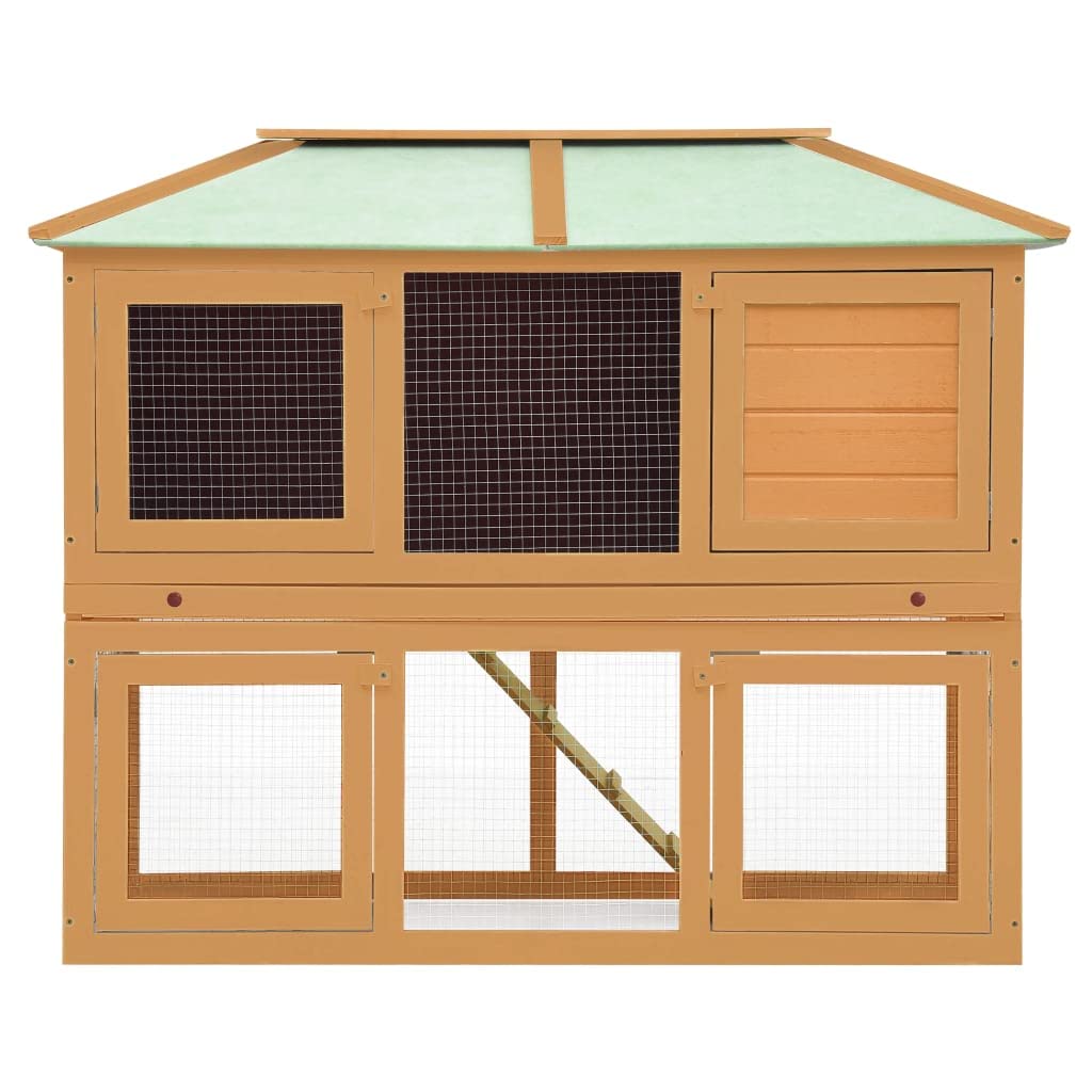 vidaXL Double Floor Rabbit Cage - Spacious Fir Wood Hutch with Cozy Cubby, Weather Resistant, Easy-Climb Ladder, Pull-Out Tray - Ideal for Small Pets (Brown, 51.1" x 26.3" x 41.3")
