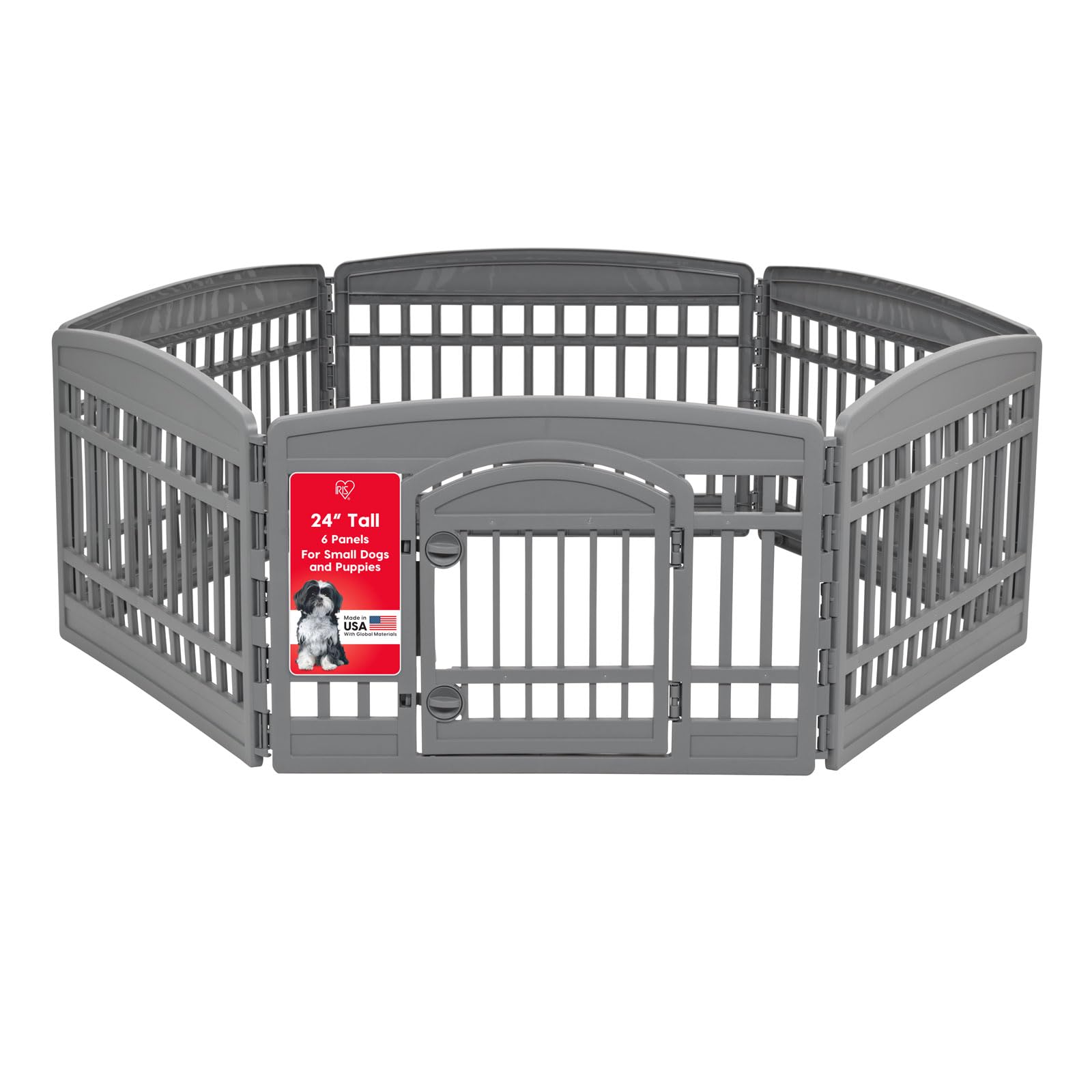 IRIS USA 24 Dog Playpen 6-Panel Pet Exercise Pen with Door Gate 61x61x24 Puppy Play Pen Indoor Outdoor Plastic Heavy Duty Foldab