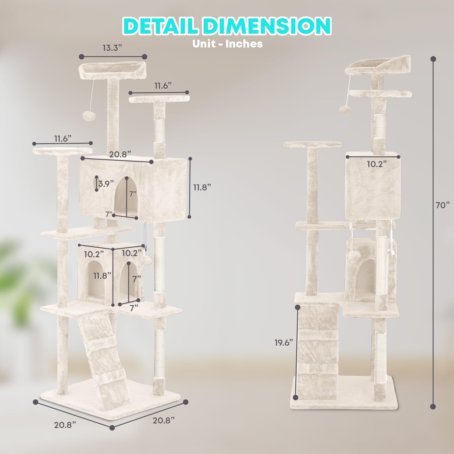 Fdw Cat Tree 70In Cat Tower Multi-Level Durable Cat Scratching Post & Cozy Fun Cat Jumping Platform Space Saving Cat Condo Pet Play House For Indoor Cats,Beige