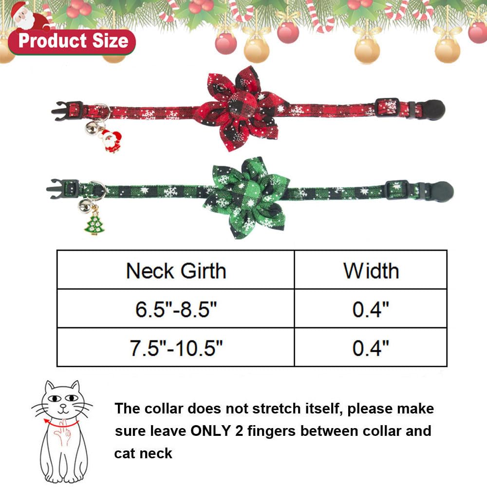 Adoggygo Christmas Cat Collars With Flower Bell, 2 Pack Breakaway Cat Christmas Collar With Removable Floral, Red Green Plaid Flower Collars For Cats (7.5'- 10.5', Floral)