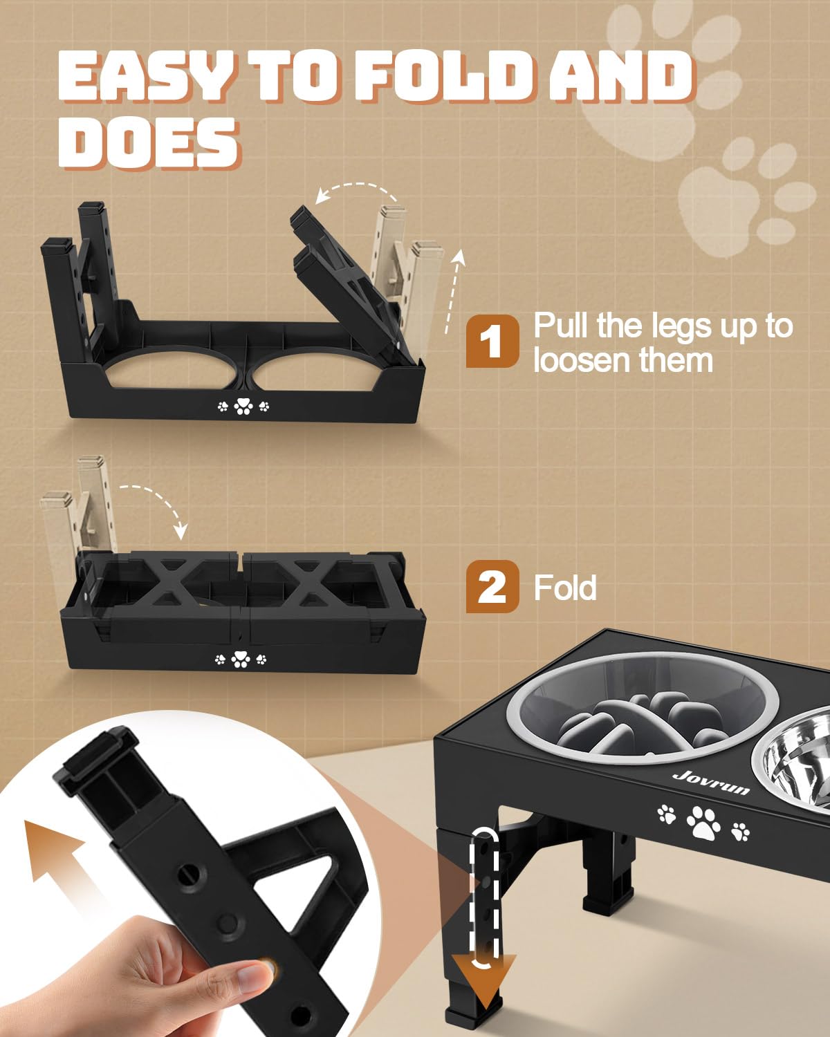 Jovrun Elevated Dog Bowls - Adjustable Stand, 2 Stainless Steel Dishes & 1 Slow Feeder, Black, For Medium Large Dogs