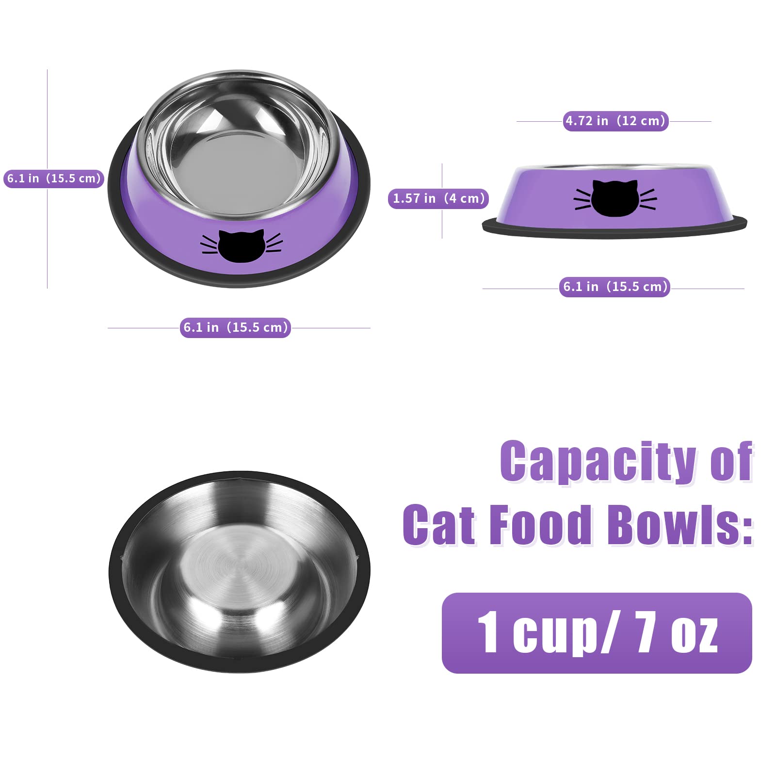 Serentive 2Pcs Cat Bowls Non-Slip Stainless Steel Small Cat Food Bowls Unbreakable Thicken Cat Feeder 7 Oz Cat Dishes Suitable f