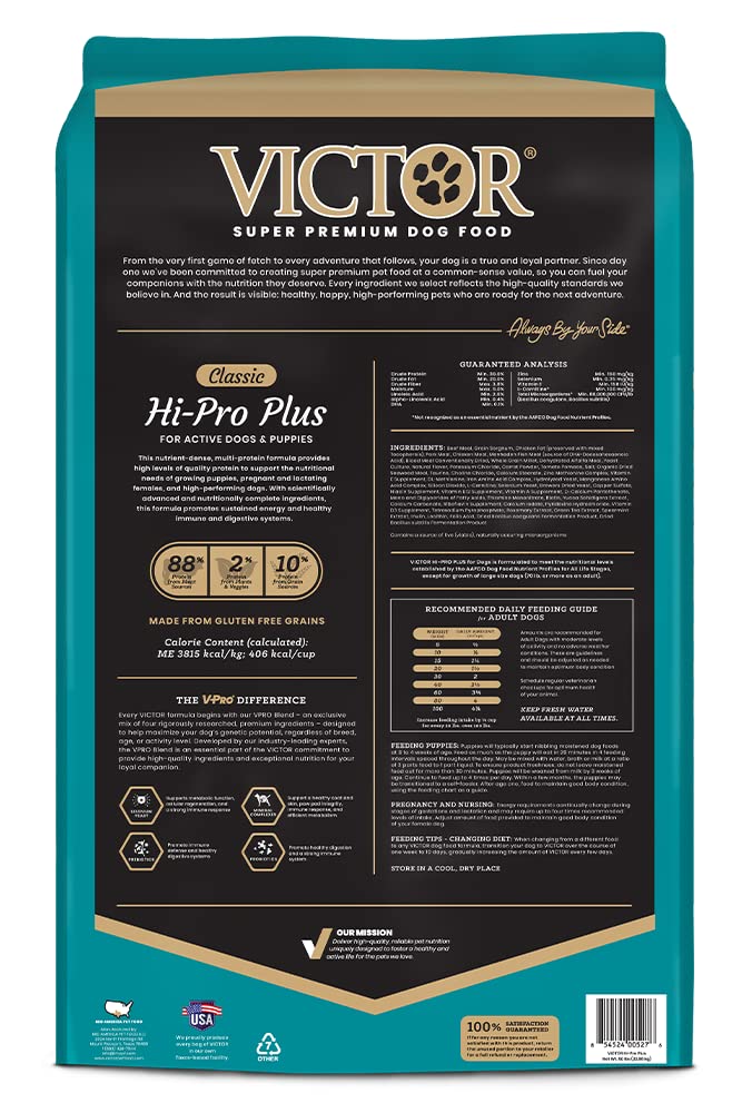 Victor Super Premium Dog Food - Hi-Pro Plus Dry Kibble - High Protein Dog Food with 30% Protein - Beef, Chicken, Pork, Fish Meal