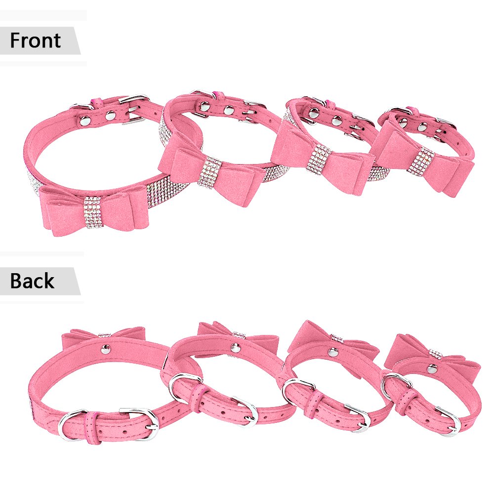 Beirui Rhinestone Bling Leather Dog & Cat Collar - Flocking Sparkly Crystal Diamonds Studded - Cute Double Bowknot For Pet Show & Daily Walking,Pink,Xs Neck Fit 8-10'