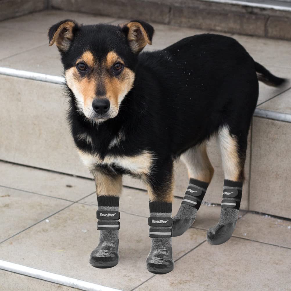 Bingpet Anti-Slip Dog Socks, Waterproof Paw Protectors With Reflective Straps, Dog Boots For Hot Pavement For All Season, Dog Shoes With Traction Control For Indoor & Outdoor Wear, 4Pcs