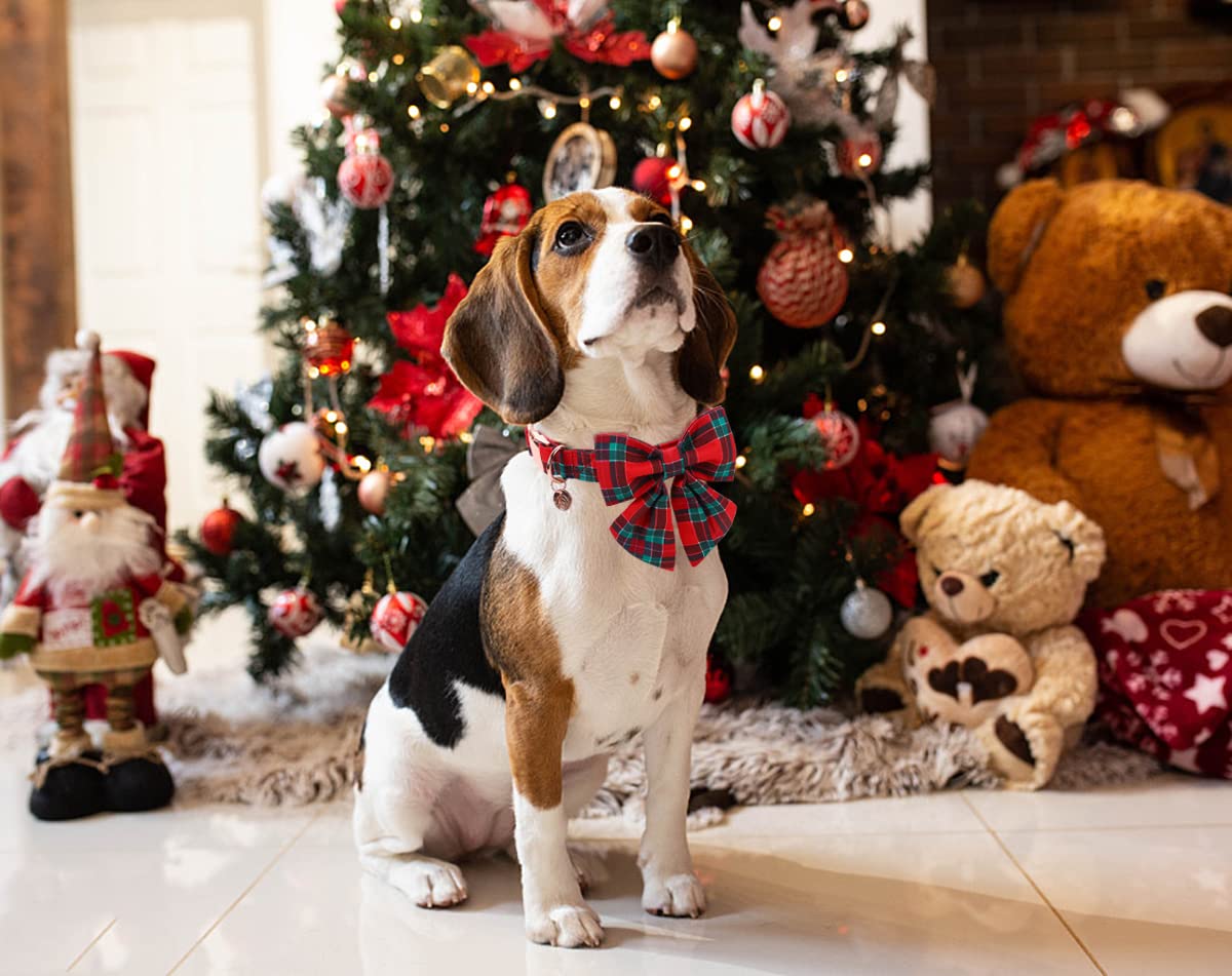 Dogwong Christmas Dog Collar With Sailor Bow Tie, Red Plaid Dog Collar Soft Durable Adjustable Cotton Red Green Tartan Puppy Col