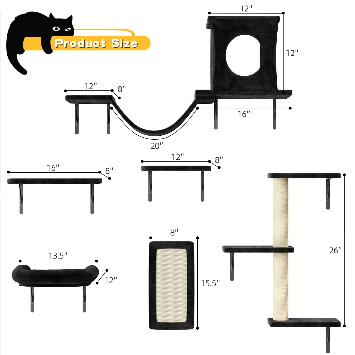 Wall Mounted Cat Furniture Set - 6pc Climber With House, Bridge, Tree, Steps, and Scratcher - DIY Walls Playground, Indoor Shelv