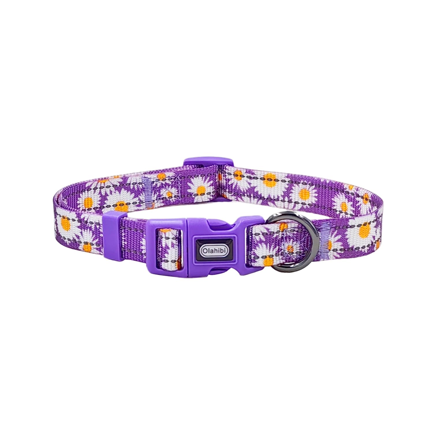 Olahibi Floral Pattern Dog Collar, Pretty Daisy Print, Durable Nylon With Reflective Stripes, Adjustable Length, For Medium Dogs