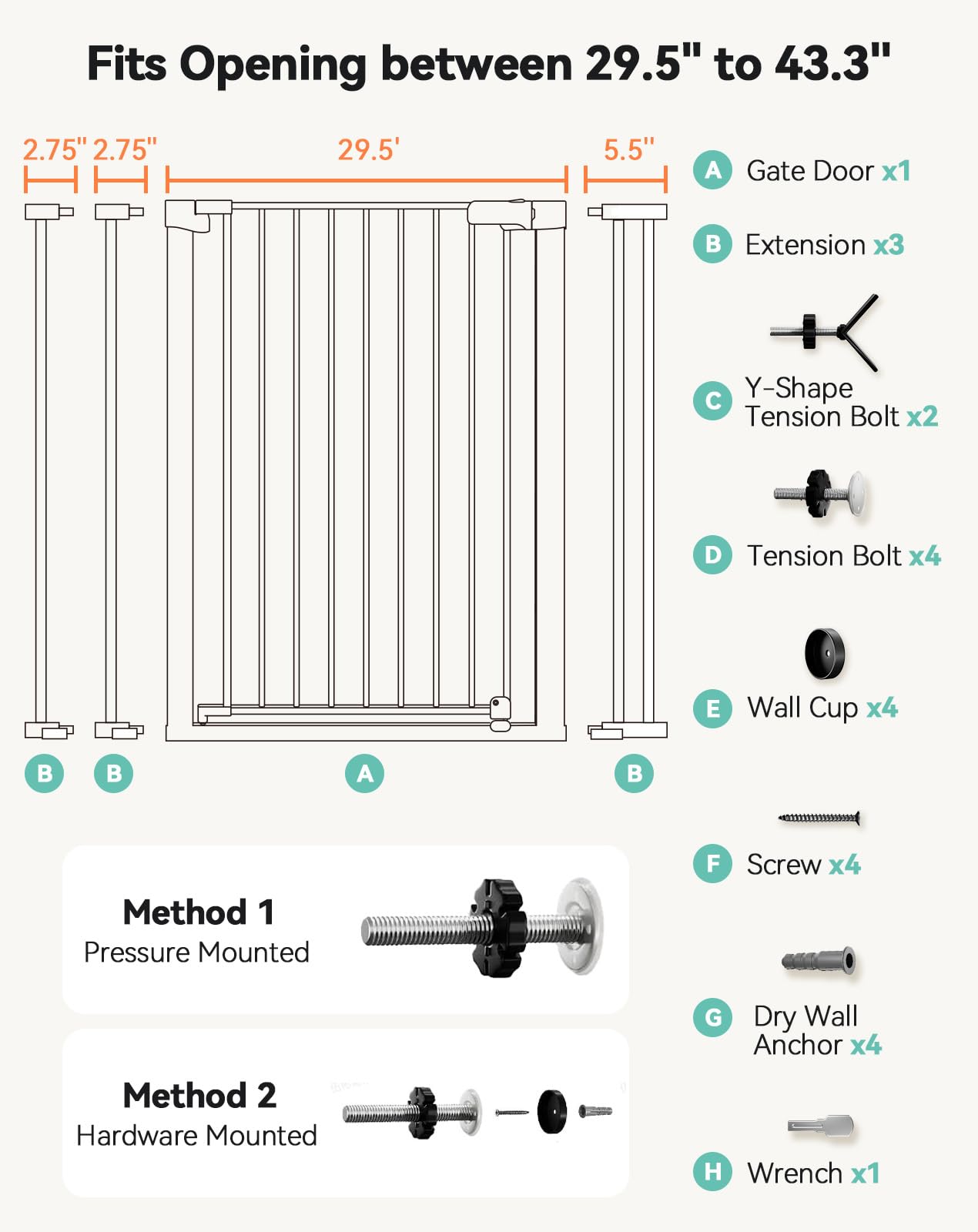 Comomy 36' Extra Tall Baby Gate For Stairs Doorways, Fits Openings 29.5' To 43.3' Wide, Auto Close Sturdy Safety Dog Gate For House, Pressure Mounted Easy Walk Through Pet Gate With Door, Black