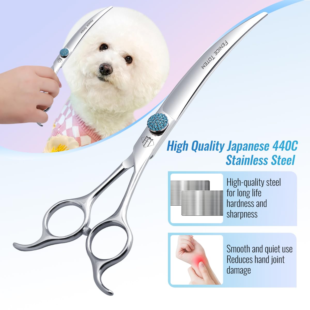 FENICE Professional Grooming Curved Shears, 7.5" Japanese 440C Stainless Steel, Metallic Color, Model W75