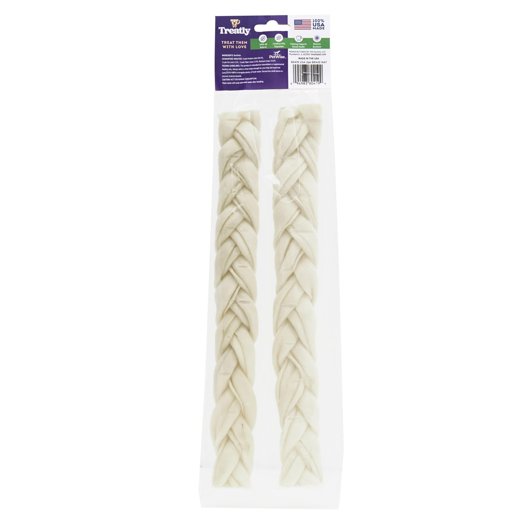 Treatly USA Beefhide Braids 12-13 Dog Chew Treats - Natural Flavor, 2 Count/1 Pack