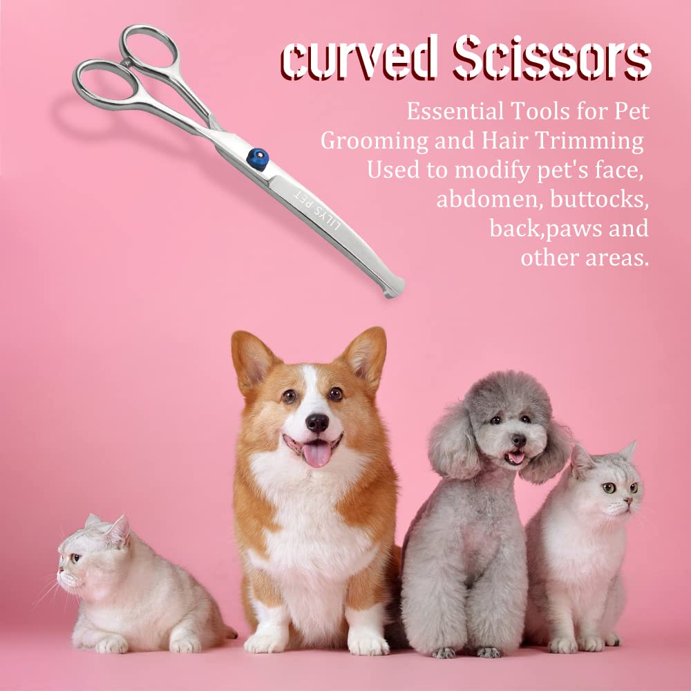 LILYS PET Stainless Steel Curved Scissor for Dogs & Cats, 6.5" Right-handed Grooming Tool, Blue/Silver