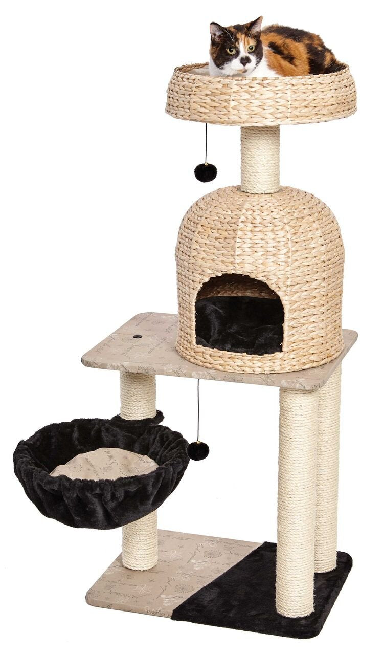 Midwest Homes For Pets Cat Tree | Reid Cat Furniture, 3-Tier Cat Activity Tree W/ Sisal Wrapped Support Scratching Posts & Dangle Play Balls, Woven Rattan & Script Medium Cat Tree