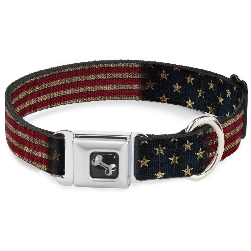 Buckle-Down Seatbelt Buckle Dog Collar - Vintage Us Flag Stretch - 1' Wide - Fits 15-26' Neck - Large