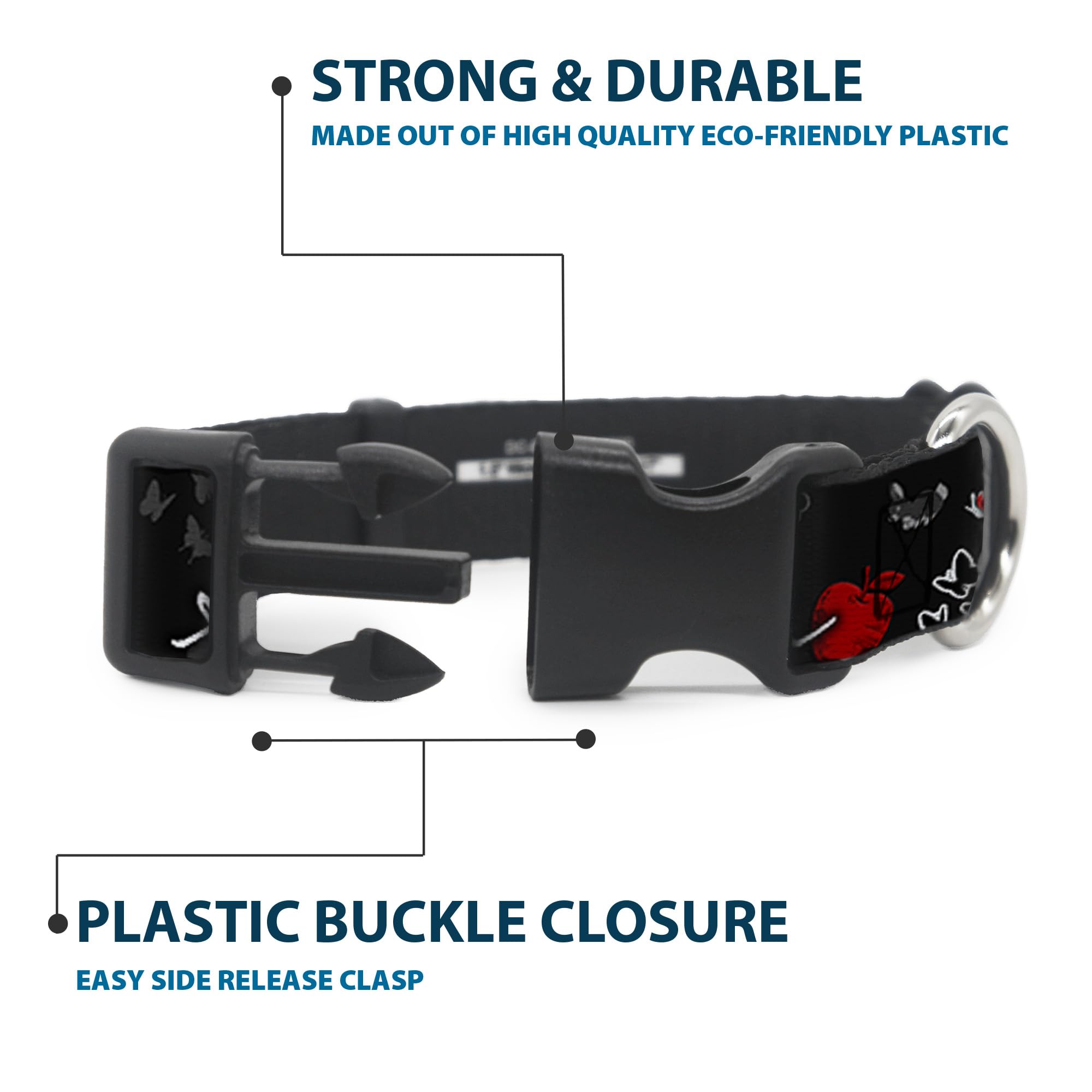 Buckle-Down Plastic Clip Collar - Snow White Apple Poses/Butterflies Black/Gray/Red - 1'' Wide - Fits 11-17'' Neck - Medium