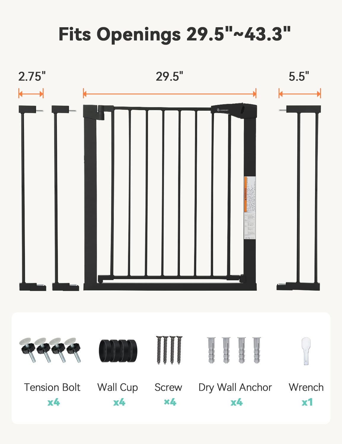 Comomy 30' Tall Baby Gate For Stairs Doorways, Fits Openings 29.5' To 43.3' Wide, Auto Close Extra Wide Dog Gate For House, Pressure Mounted Easy Walk Through Pet Gate With Door, Black