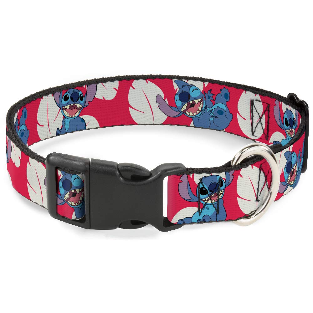Buckle-Down Dog Collar Plastic Clip Lilo Stitch 4 Poses Lilo Dress Leaves Red Ivory 18 To 32 Inches 1.5 Inch Wide