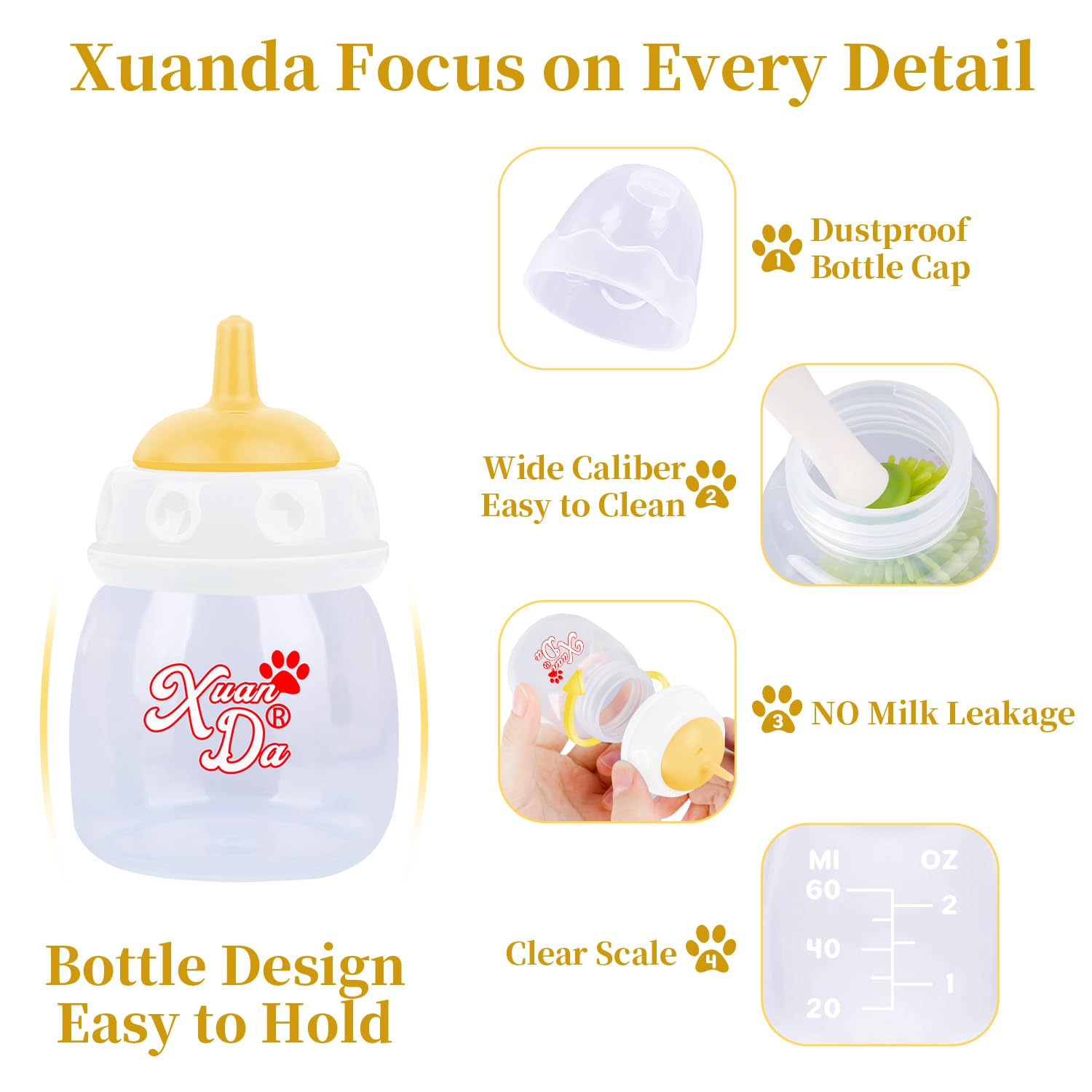Xuanda Pet Feeding Bottle,3 Pack 60ml Nursing Bottle, 3 Sizes Nipples with Ventilation Valve Resistant Tearing Perfect for Puppi