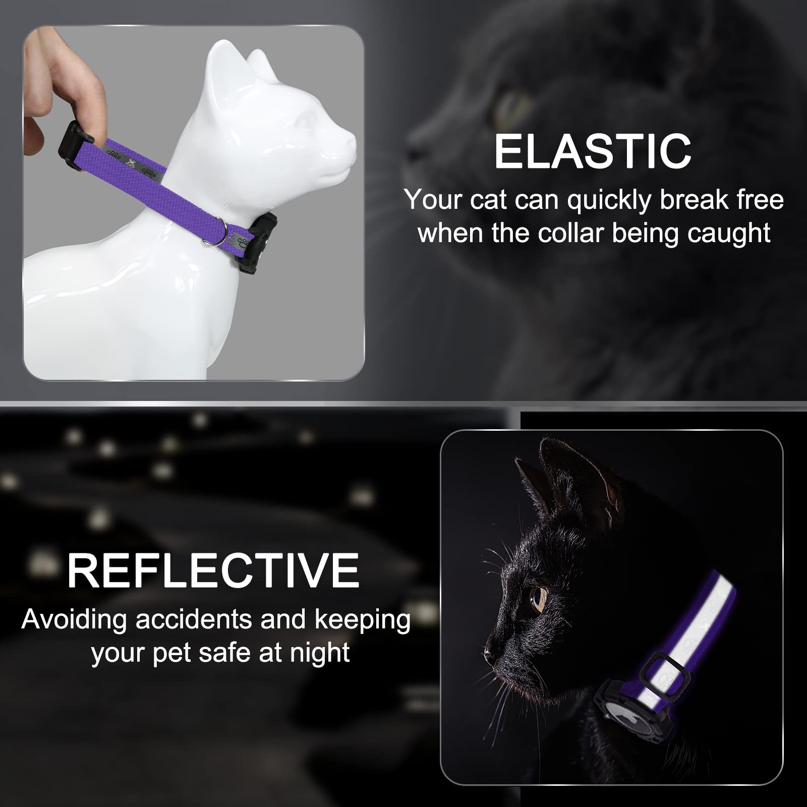Odokele Reflective Airtag Cat Collar, Integrated Cat Tracker Collar With Air Tag Holder And Bell, Safety Elastic Band Cat Gps Collars For Girl Boy Cats, Kittens And Puppies (Purple, S)