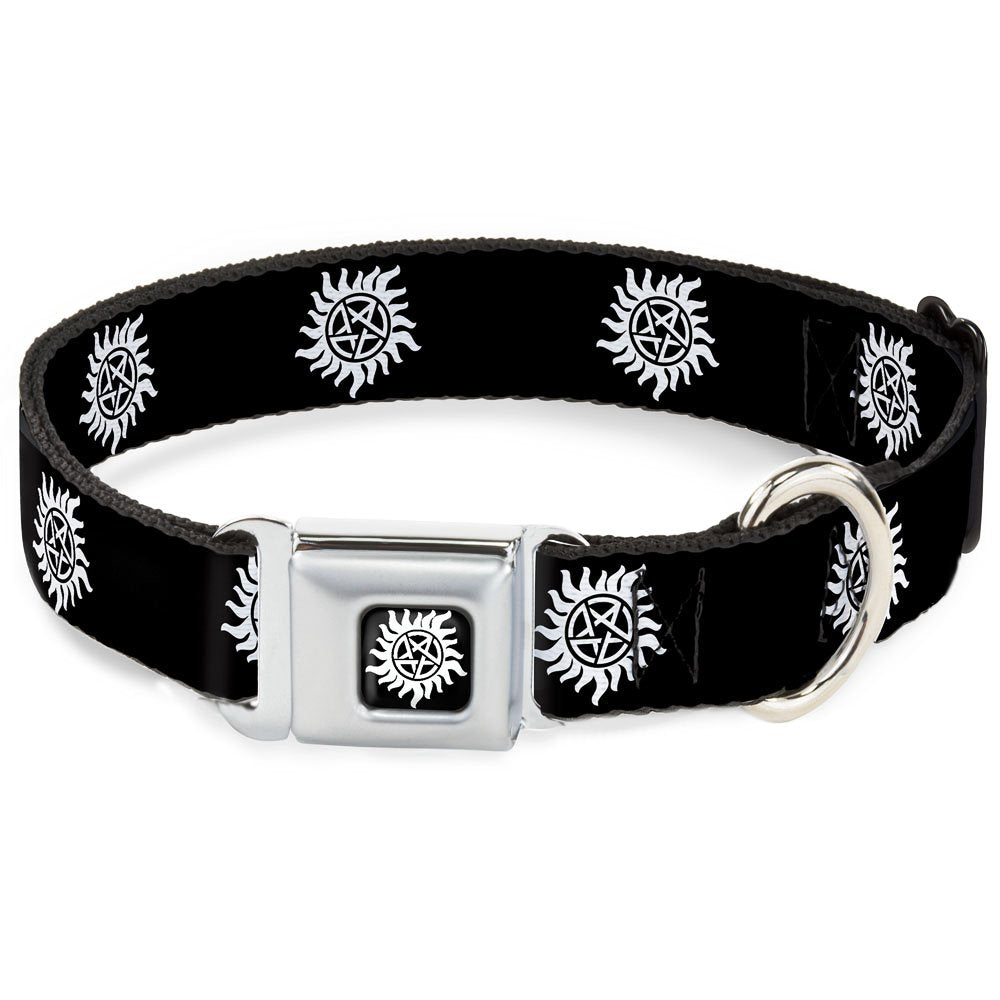 Buckle-Down Dog Collar Seatbelt Buckle Winchester Pentagram Repeat Black White 16 To 23 Inches 1.5 Inch Wide