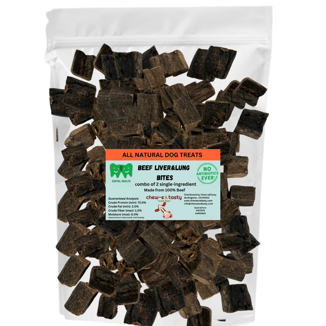 chew-e&tasty Beef Lung & Liver Dog Treats, 1 LB - Dehydrated High-Protein Dog Treats, Grain-Free, Low-Odor, Suitable for All Bre