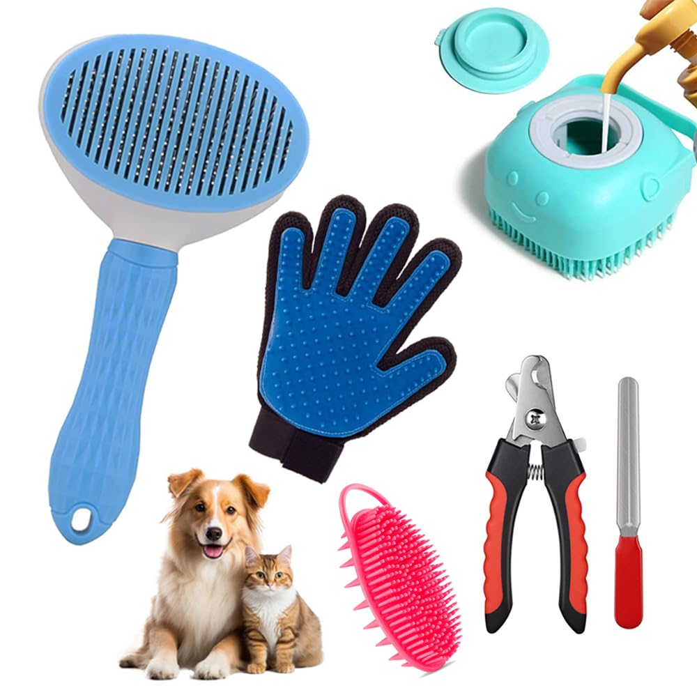 Pet Grooming Kit | Combo Of 5 | Nail Clipper, Bathing Glove, Silicone Shampoo Dispenser & Slicker Brush For Dogs & Cats | Hair R