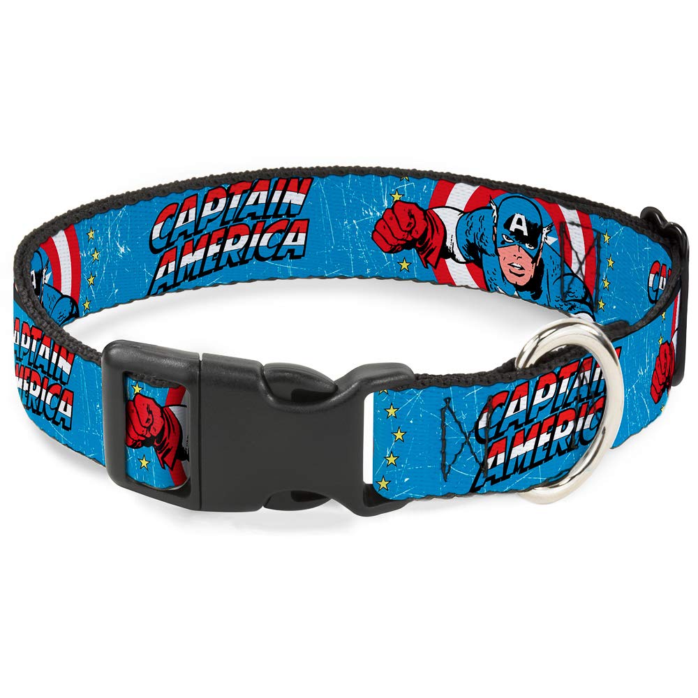 Dog Collar Plastic Clip Captain America Action Pose Weathered Blue 9 To 15 Inches 1.0 Inch Wide