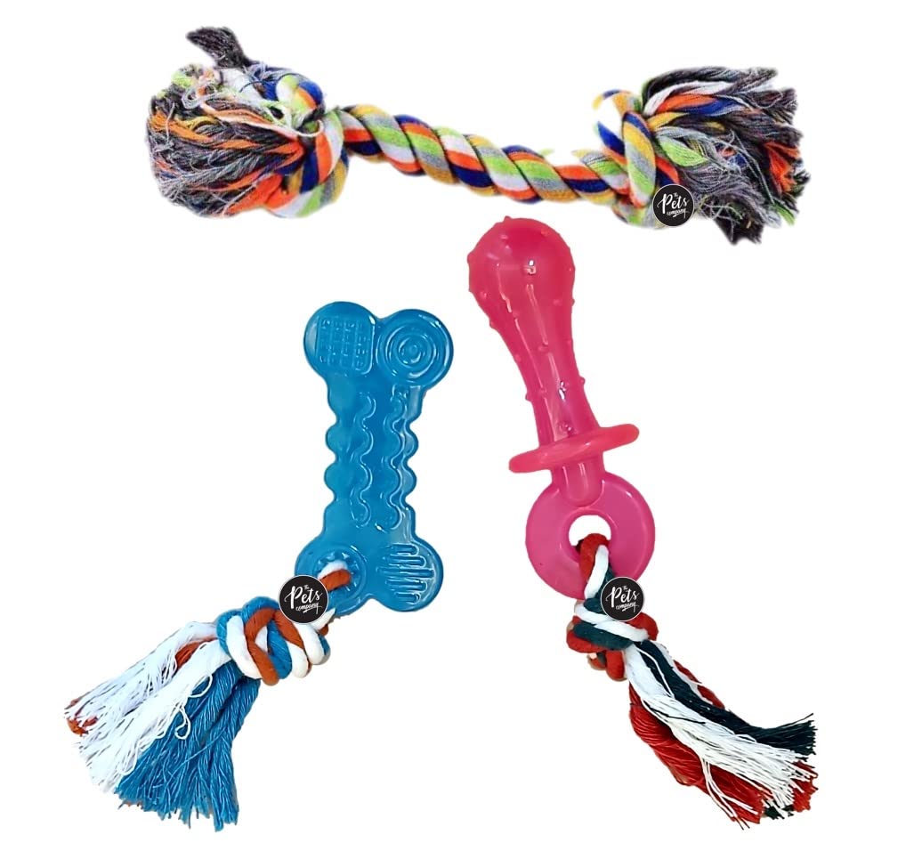 The Pets Company Pacifier & Bone Rope Puppy Chew Teething Toy Combo Of 3 For Playing And Teeth Cleaning Training
