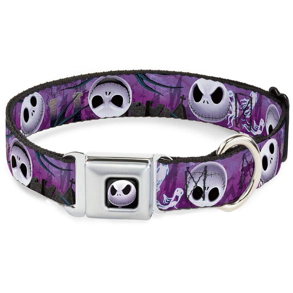 Buckle-Down Seatbelt Buckle Dog Collar - Jack Expressions/Ghosts In Cemetery Purples/Grays/White - 1.5' Wide - Fits 18-32' Neck - Large