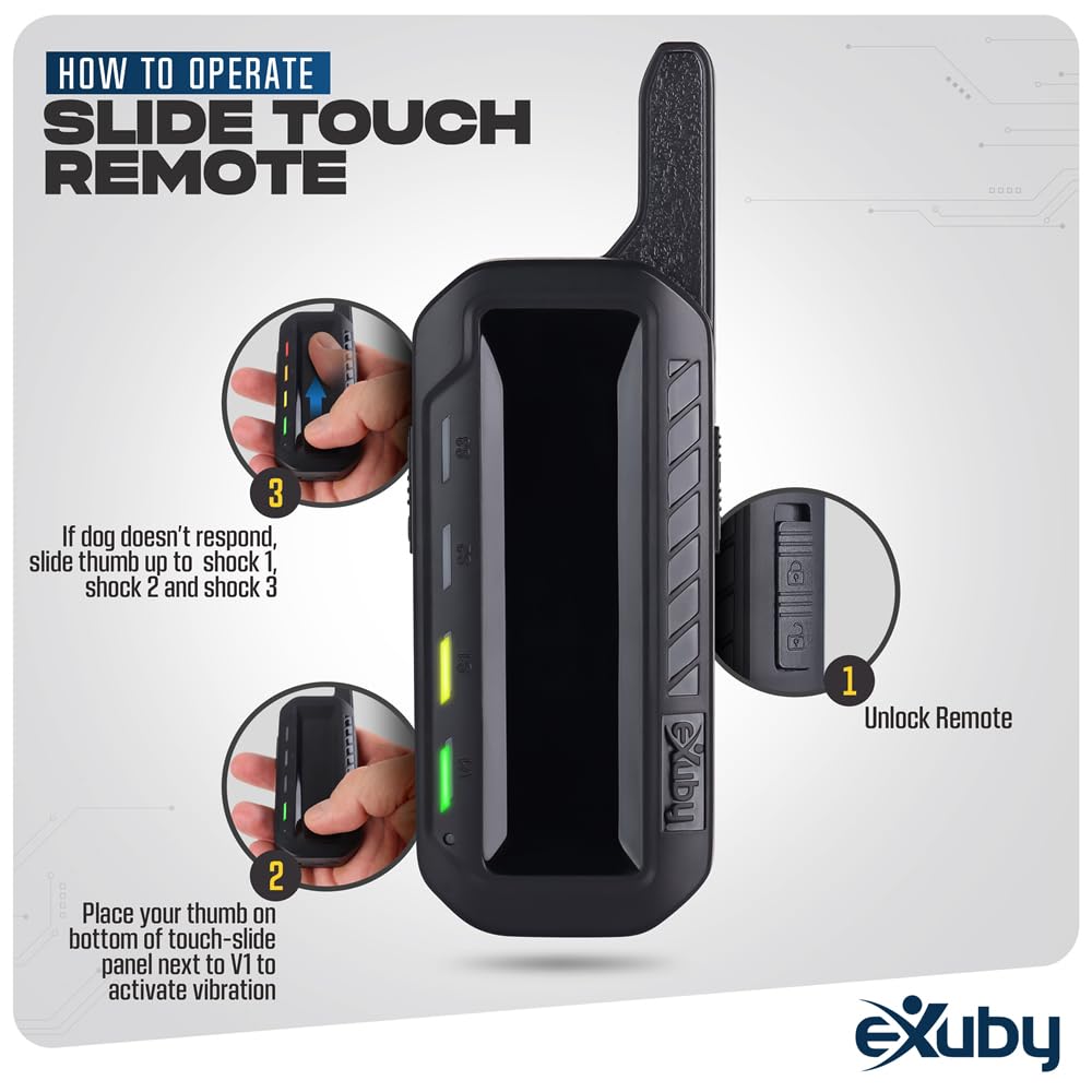 eXuby Touch-Slide Control Shock Collar for Medium to Large Dogs - Black, EXB-TZ923-RX17, Adjustable Vibration & Shock Settings