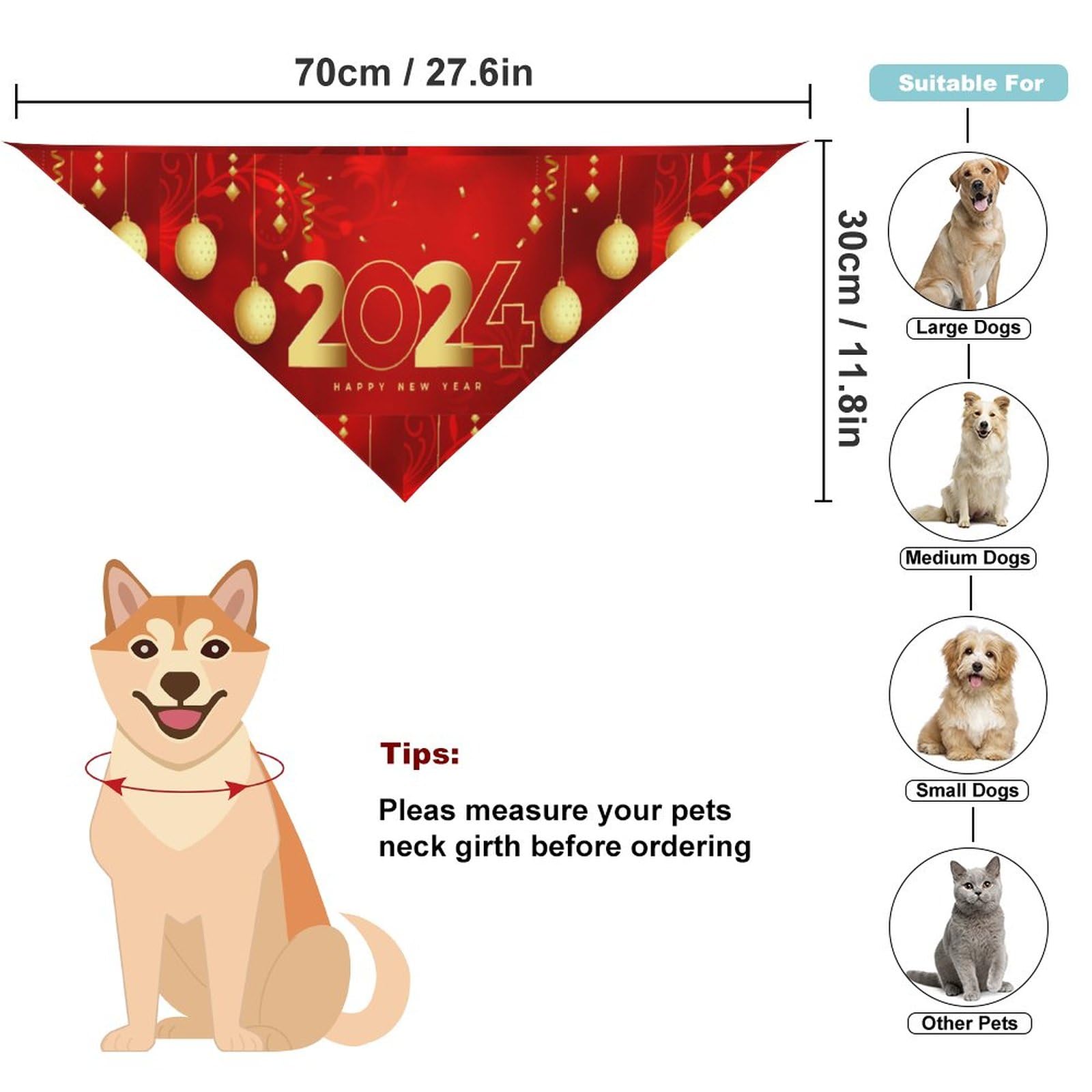 Happy New Year 2024 Dog Bandanas Pets Kerchief Reversible Triangle Bibs Scarf Outfits Accessories For Small To Large Dogs Cats