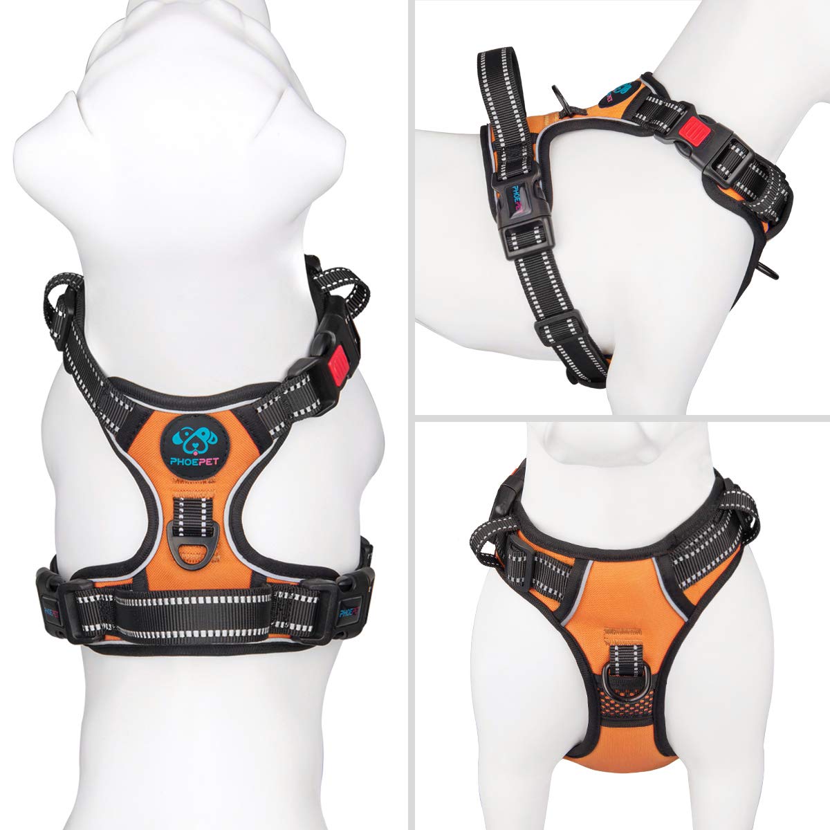 Phoepet No Pull Dog Harnesses For Small Dogs Reflective Adjustable Front Clip Vest With Handle 2 Metal Rings 3 Buckles [Easy To Put On & Take Off] (S, Orange)