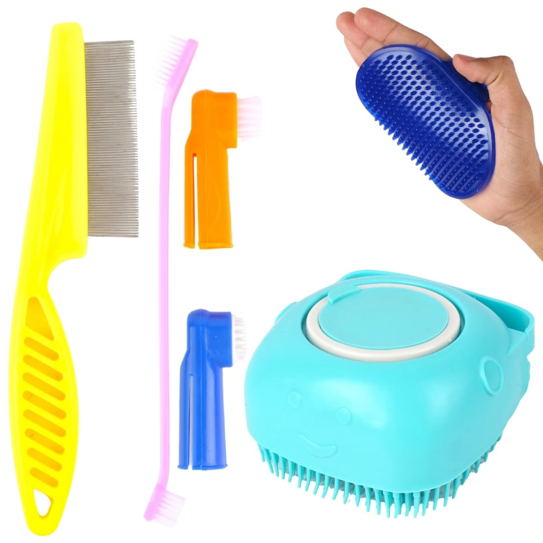 Pet Grooming Kit With Silicone Bath Brush, Metal Comb, Deshedding Tool, MultiColor, 5Piece Set For Dogs(Pack Of 4)
