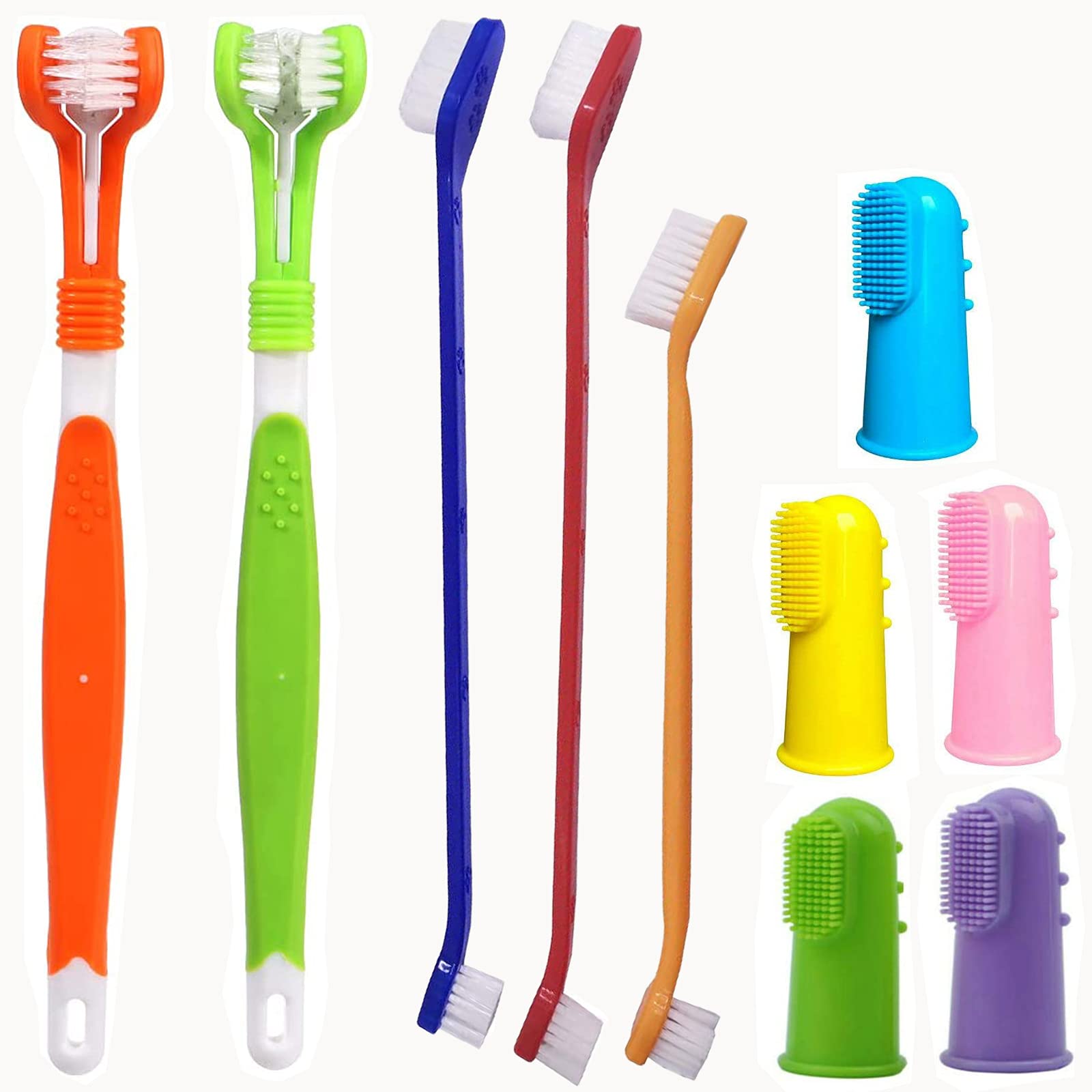 Zeyaa 10 Pack Pet Dog Toothbrush, 2 Triple Head Pet Toothbrushes 3 Double Head Tooth Brush 5 Pack Finger Rubber Toothbrushes, Mu