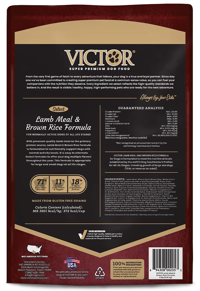VICTOR Super Premium Dog Food - Lamb Meal & Brown Rice Formula - Gluten-Free Dry Dog Food for All Normally Active Dogs of All Li