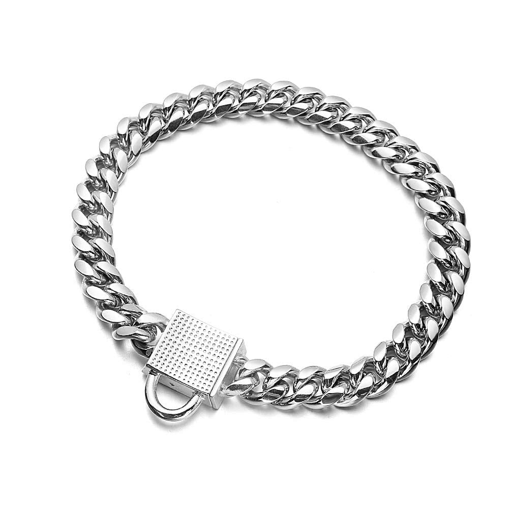 Aiyidi Dog Chain Collar 10Mm Wide Cuban Link Puppy Collar 316L Stainless Steel With Cz Diamond Lock Bling Collar For Medium Dogs