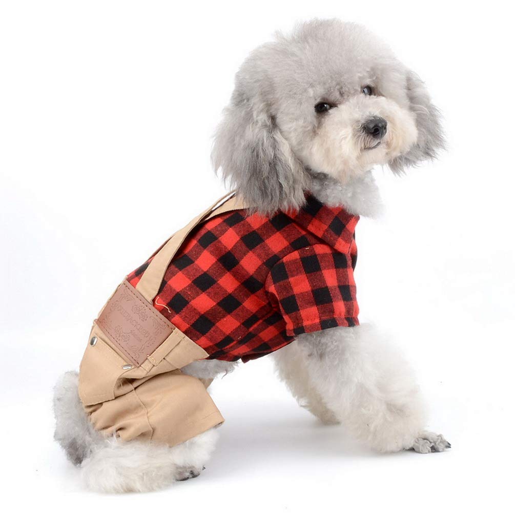Smalllee_Lucky_Store Pet Clothes For Small Dog Cat Red Plaid Shirts Sweater With Khaki Overalls Pants Jumpsuit Outfits L