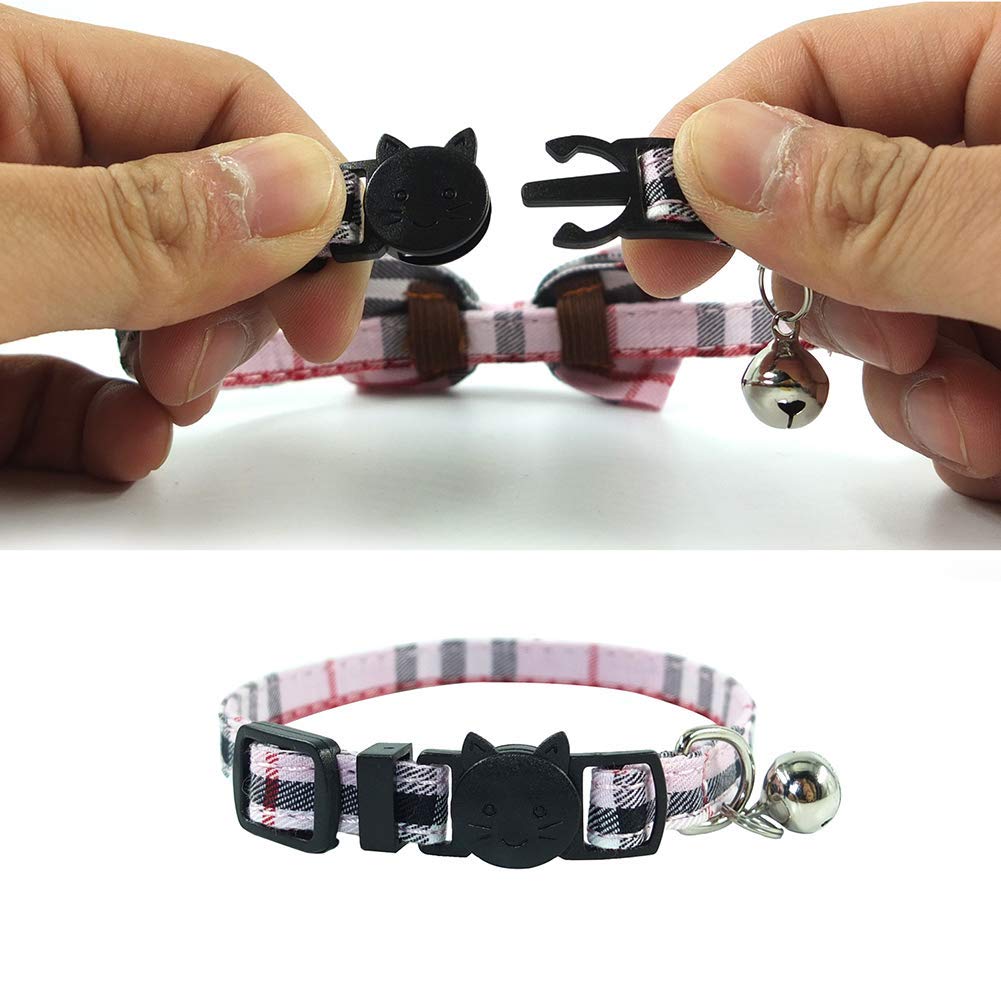 Cat Collar Breakaway With Bell And Bow Tie, Plaid Design Adjustable Safety Kitty Kitten Collars Set Of 2 Pcs(6.8-10.8In) (Pink&Cyan Plaid)