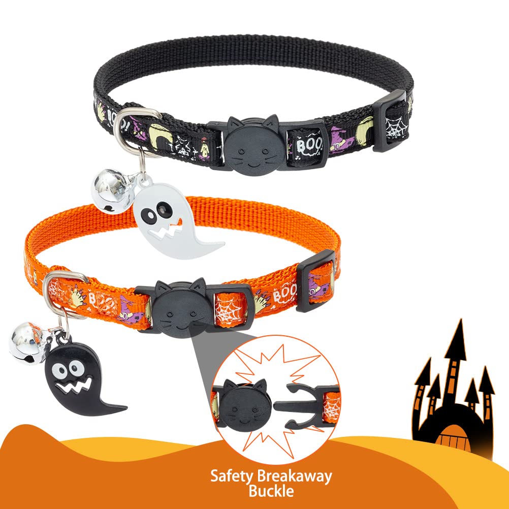 Expawlorer Halloween Cat Collar Breakaway - Glow In The Dark Holiday Pet Puppy Collar With Bell And Cute Ghost Pendant, Ideal Gift Adjustable Safety Collars For Cats, 2 Pack