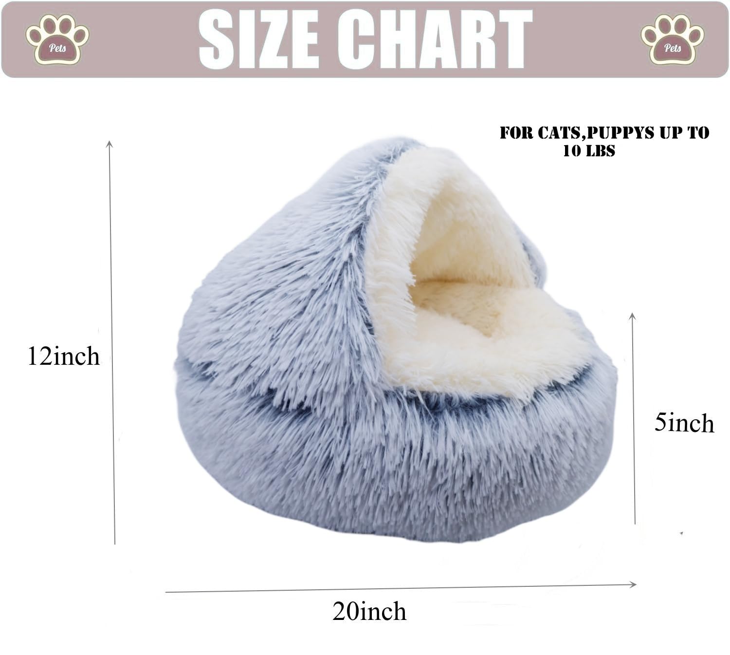 Zanesun Calming Round Dog Bed & Cat Cave With Hooded Cover, Plush Fluffy Anti-Anxiety Bed, Waterproof Bottom Washable (Grey, 20X