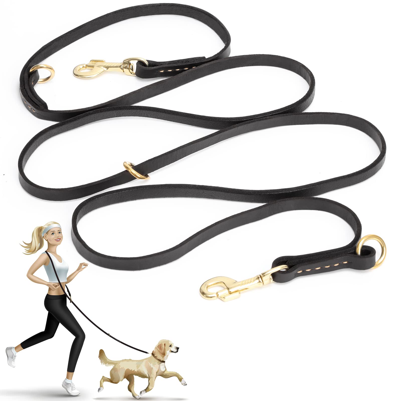 Guiding Star Leather Dog Leash 8Ft, Soft Multi-Function 6 In 1 Leather Training Walking Leash, Hands Free Leather Leash, Dual, Crossbody Dog Leash For Small, Medium And Large Dogs, Service Dogs, Black