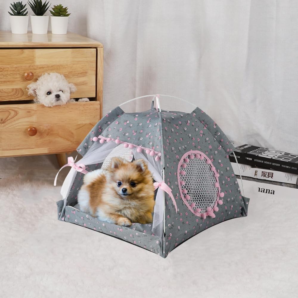 Cat Bed Tents Dog House Indoor Outdoor Lace Mesh Breathable Windows Door Curtains Removable Portable Nest Teepe House (Small,Gra