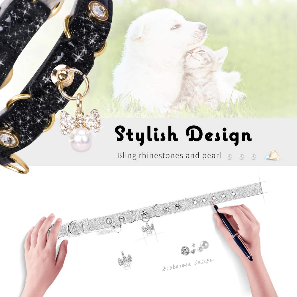 Petshome Cat Collar, Dog Collar, [Bling Rhinestones] Pu Leather Adjustable Pet Collar With Luxury Pendant For Cat And Small Dog Extra Small Silvery