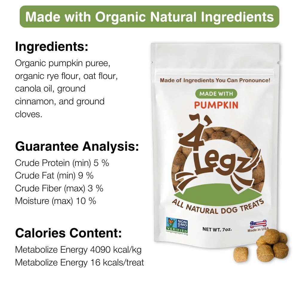 4Legz Organic Pumpkin Vegan Dog Treats from Low Fat & Crunchy Natural Snack Biscuits for Dogs Small, Medium & Large - Made in US